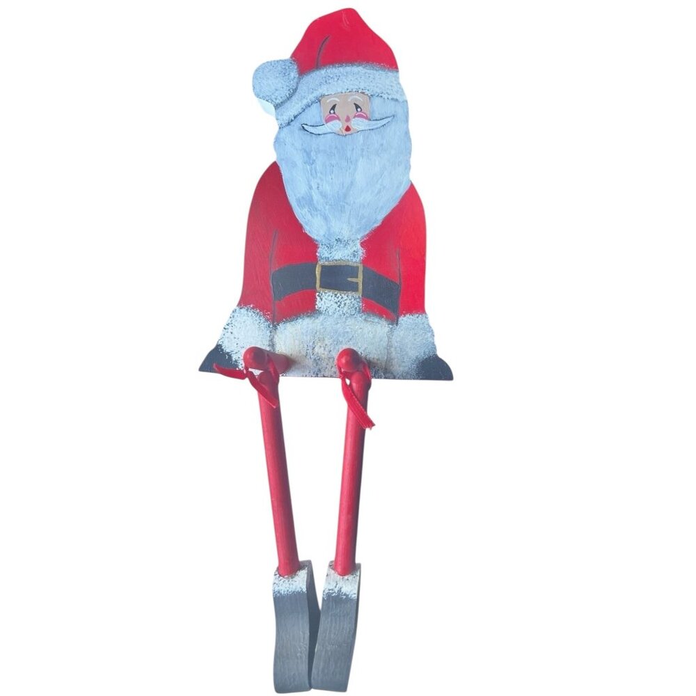 Handmade Painted Wooden Sitting Santa Figurine Dangling Legs Christmas Decor